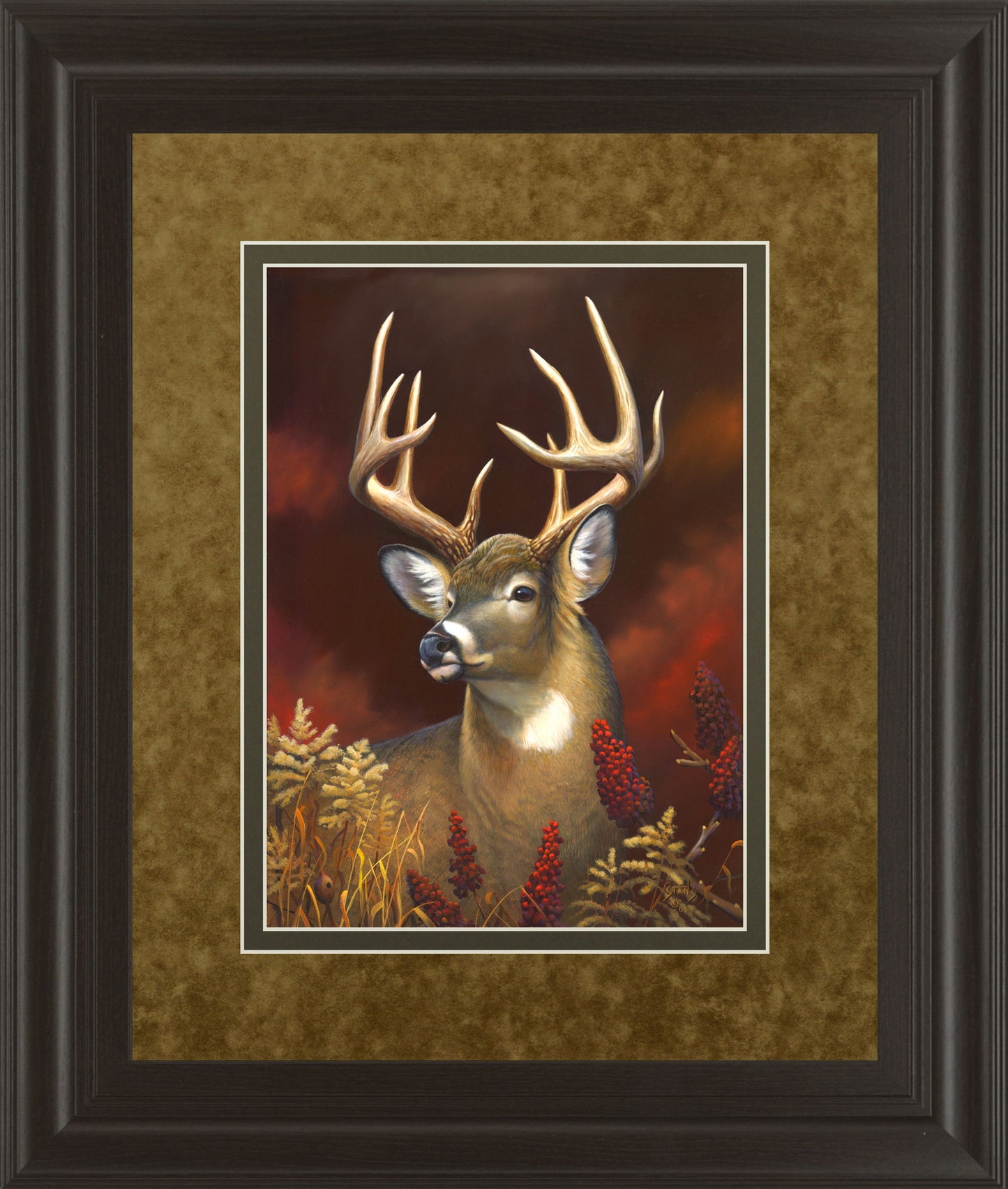 Deer Portrait By Leo Stans Double Matted - Framed Print Wall Art - Red