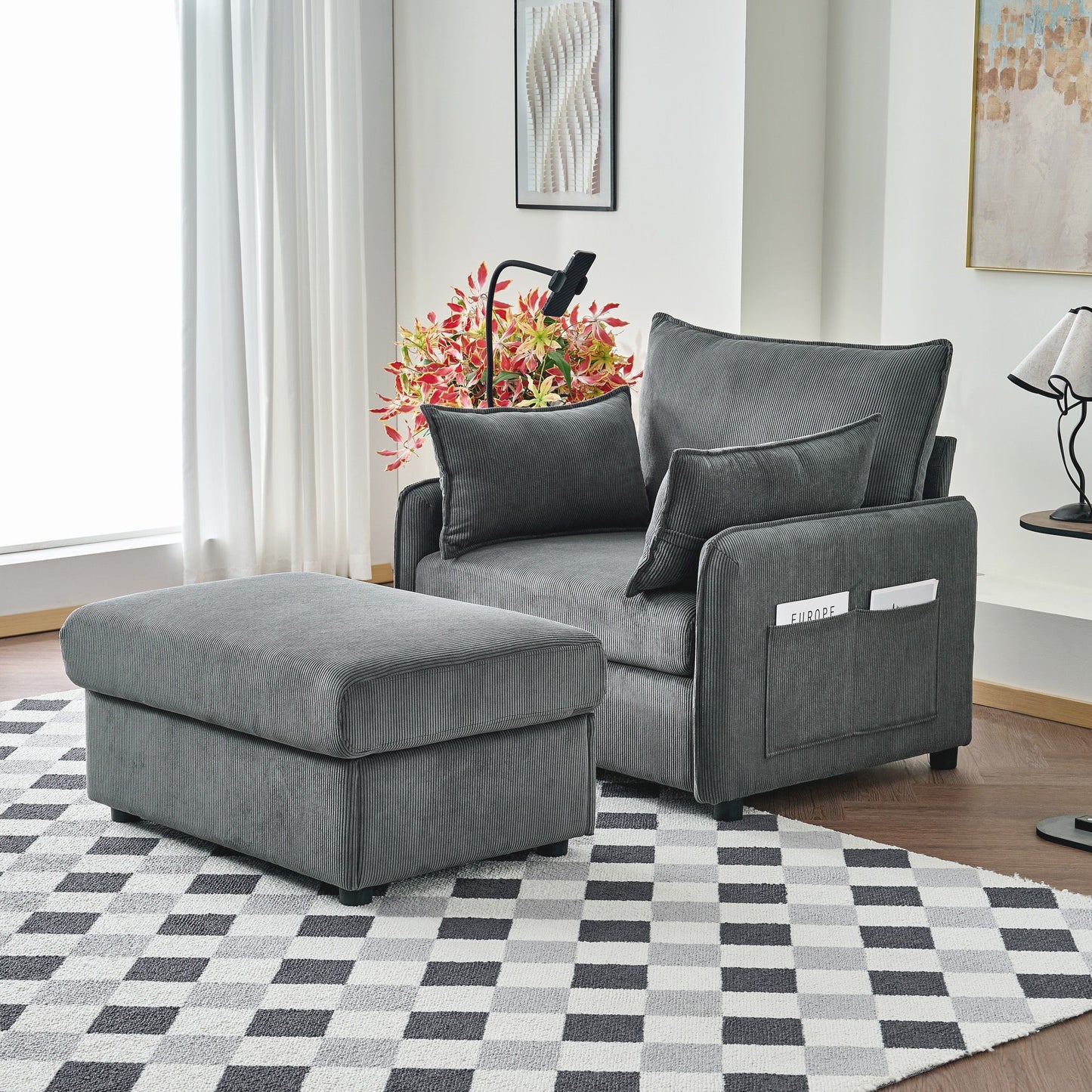 Comfy Oversized Chaise Lounge Chair With Ottoman And Storage