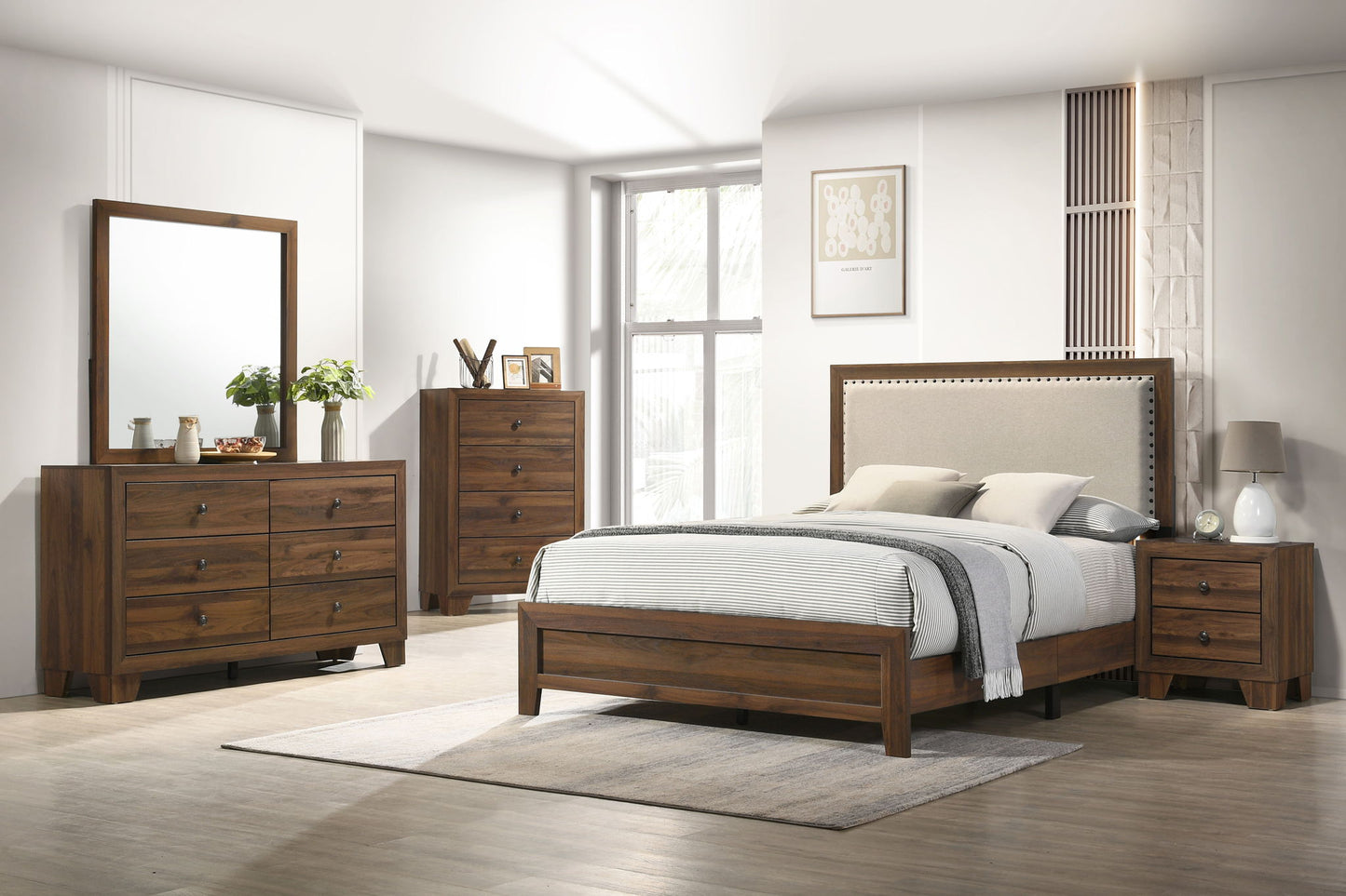 Millie - Queen 5 Piece Upholstered Bedroom Set - Brown Cherry