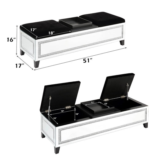 Noralie - 16" Bench With Storage - Mirrored & Faux Diamonds