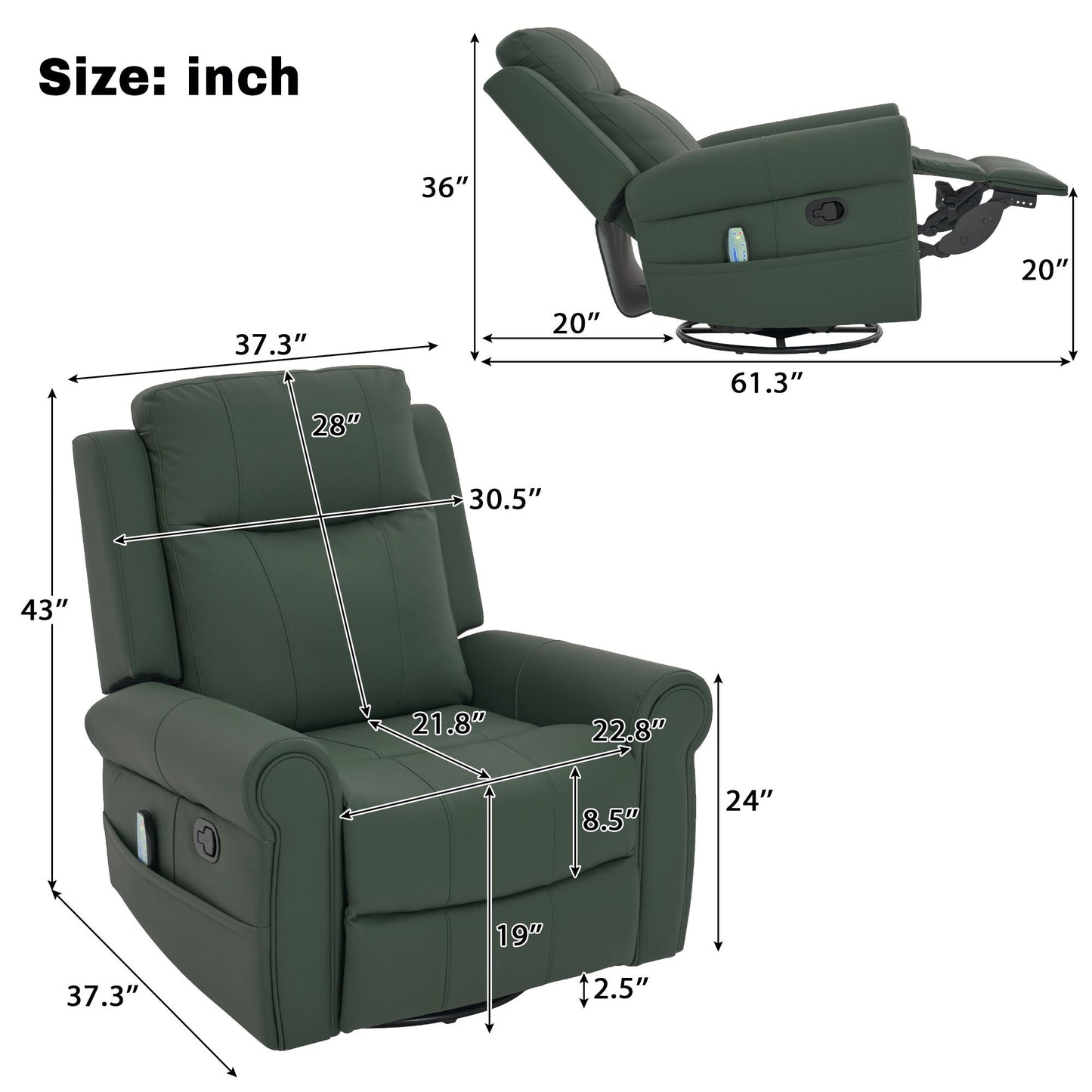 Manual Recliner Chair With 270 Degree Swivel, Massage & Heating, Dual Reclining Positions