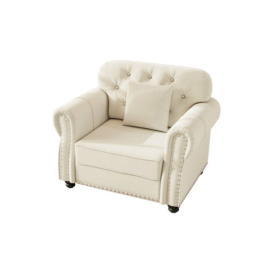 Upholstered Sofa With Nailhead Trim And Rolled Armrests, 1 Pillows - Beige / White
