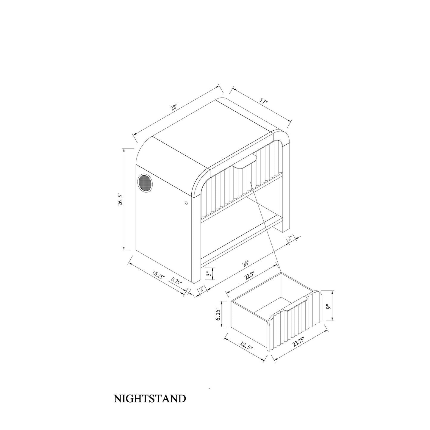 Beverly - Nightstand With Speakers, Rounded Sides - Black White