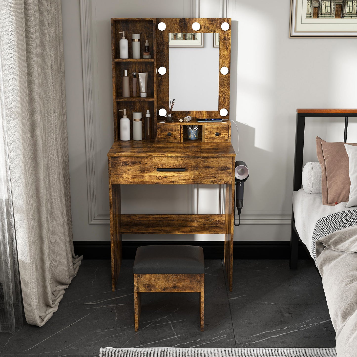 Vanity Table With Mirror, Adjustable LED Lights, Power Outlet, Hairdryer Holder & Stool