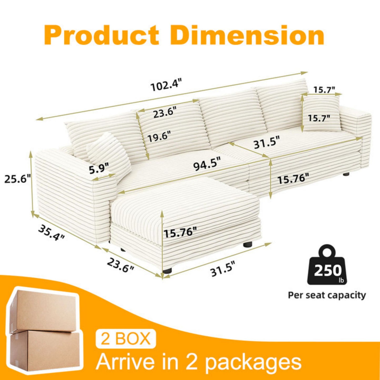 4 Seat Sofa With Soft Pillows And Movable Ottoman