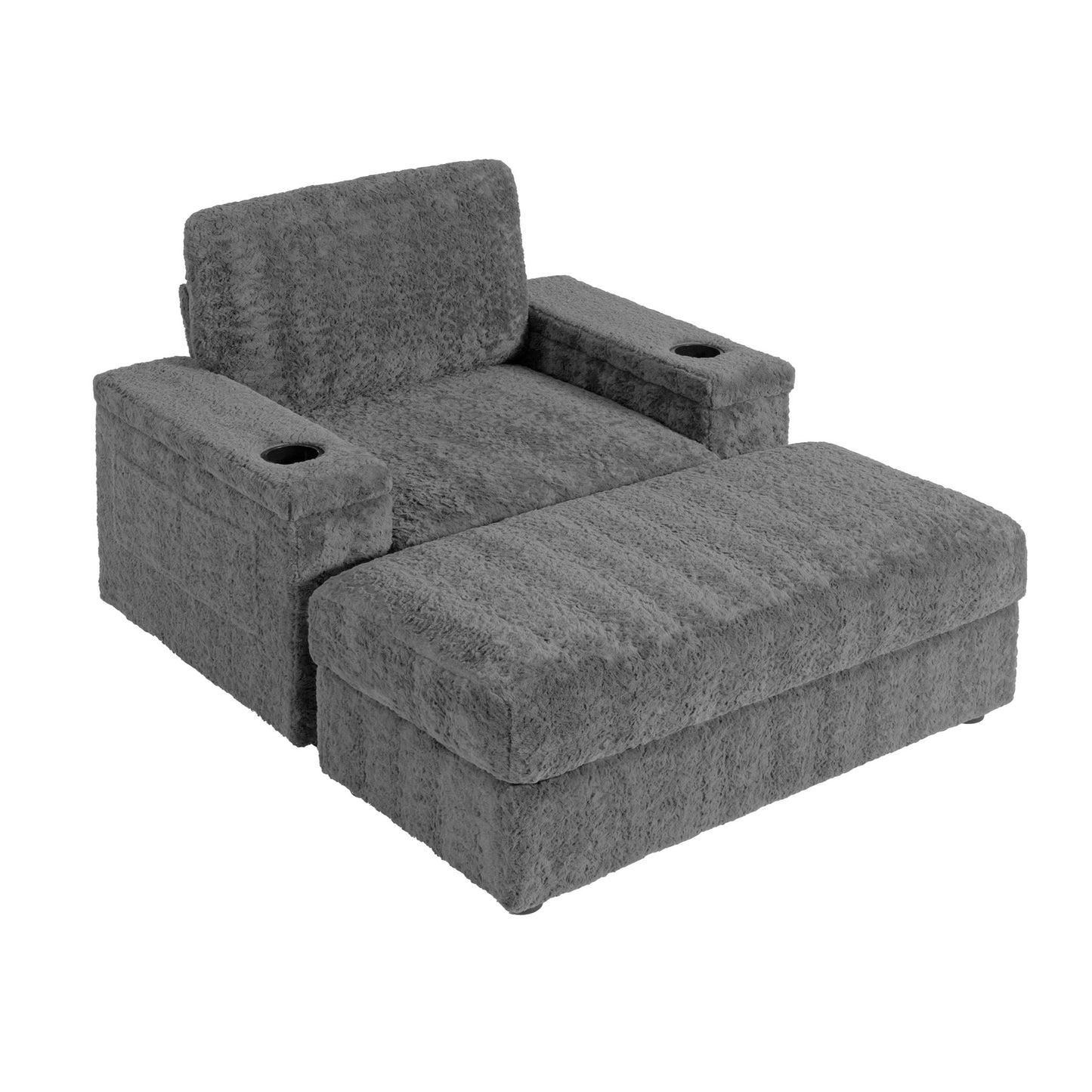 Oversized Chaise Lounge Indoor Rabbit Fur Sofa Bed With Storage Ottoman And Armrests Cup Holders With Deep Seat