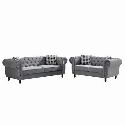 Chesterfield 3 And 2 Seater Upholstery Sofa With Roll Armrest & Nailhead Fabric Couch