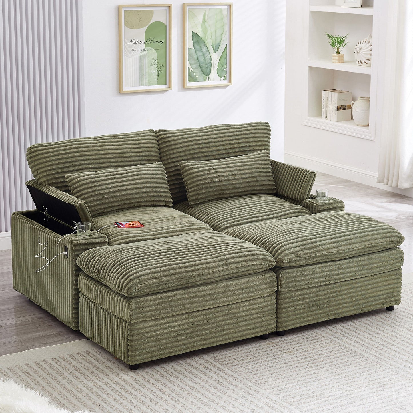 Convertible Loveseat Sofa With Storage, USB Ports, Cup Holders