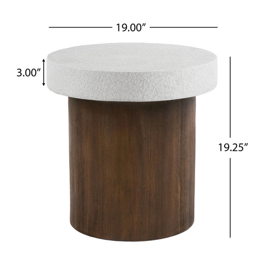 Mgo Cylindrical Side Table With Faux Stone Top And Wood Faux Base - Antique White / Natural