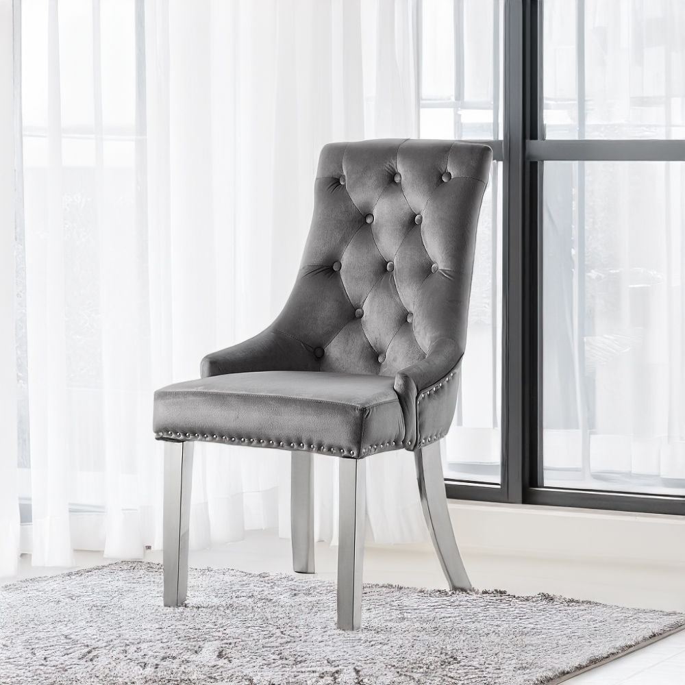 Satinka - Side Chair (Set of 2) - Gray Fabric & Mirrored Silver