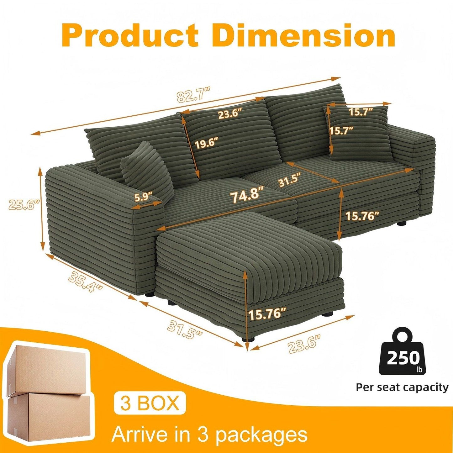 Convertible Deep Seat Sofa With Soft Pillows And Ottomans