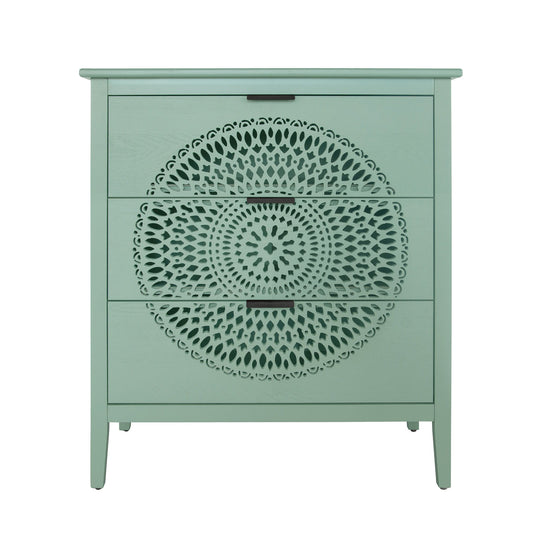 3 Drawer Storage Cabinet With Hollow Carved Design And Metal Handles, Chest For Entryway, Living Room Or Bedroom - Light Green