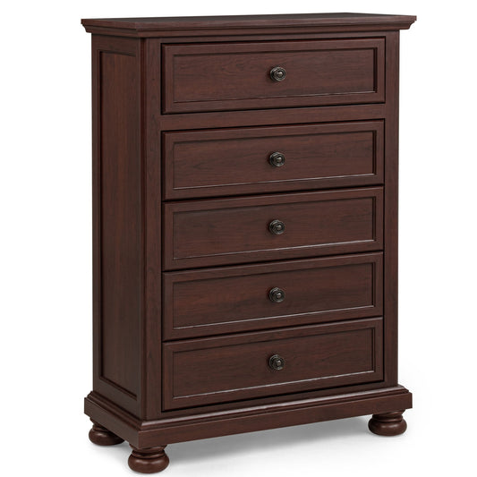 1 Piece Tall Chest, 5 Drawer Storage Bedroom Furniture - Brown / Cherry