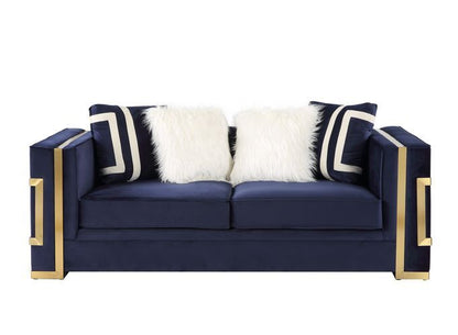 Virrux - Loveseat With 4 Pillows - Blue Velvet & Gold