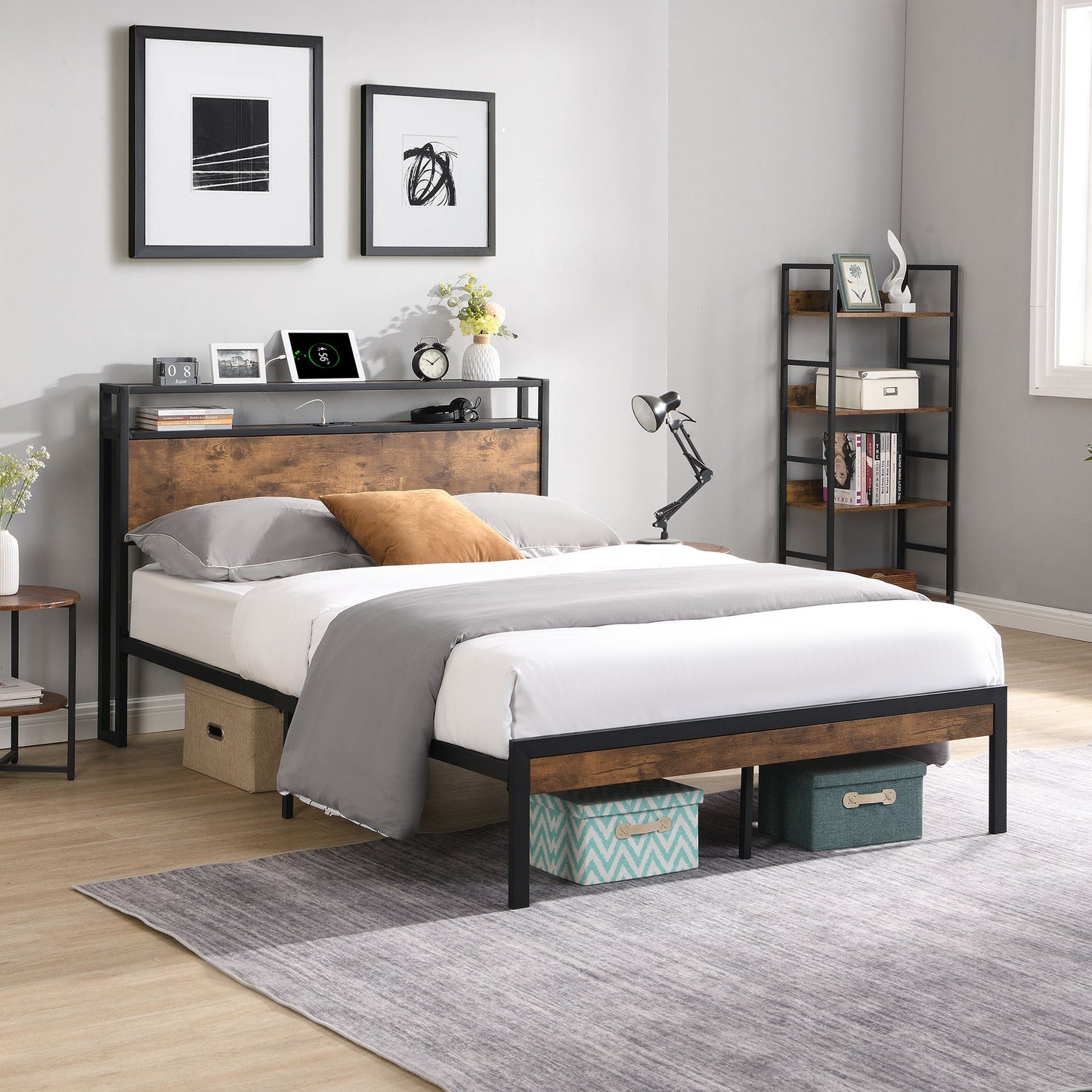 Metal Platform Bed Frame With Wooden Headboard And Footboard With USB Liner, No Box Spring Needed, Under Bed Storage