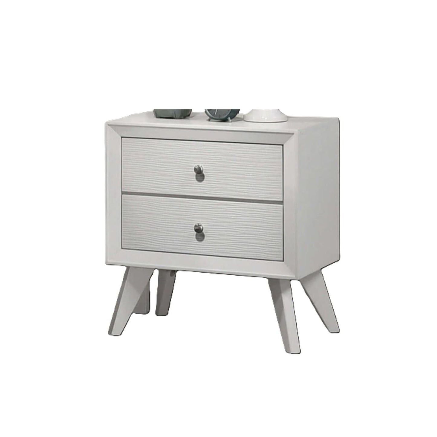 Nightstand With Angled Legs, Round Knobs, Wave Texture, 2 Drawer Bedside Table - White