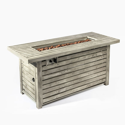 54" Propane Gas Fire Pit Table, 50000 Btu Rectangular Steel Fire Pit With Imitation Wood Grain For Outside Patio Deck Garden Courtyard - Light Beige