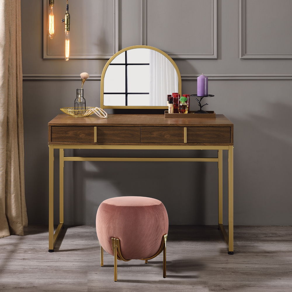 Coleen - 50" Vanity Desk With Mirror & Jewelry Tray - Walnut & Gold