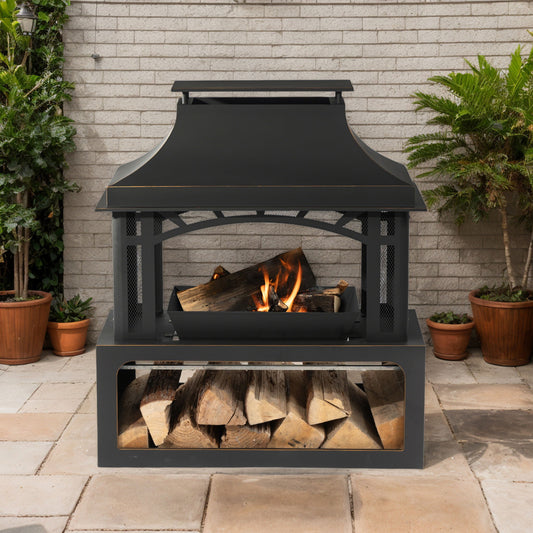 40" Wood Burning Fireplace, 50000 Btu Steel Fire Pit, Wood Burning Chimney For Outside Patio Deck Garden Backyard - Black