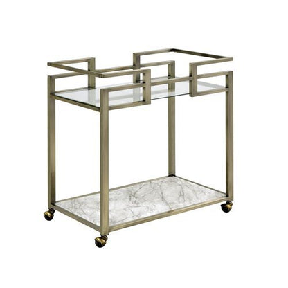Neilo - Serving Cart - Clear Glass, Faux Marble Top & Wire Brass