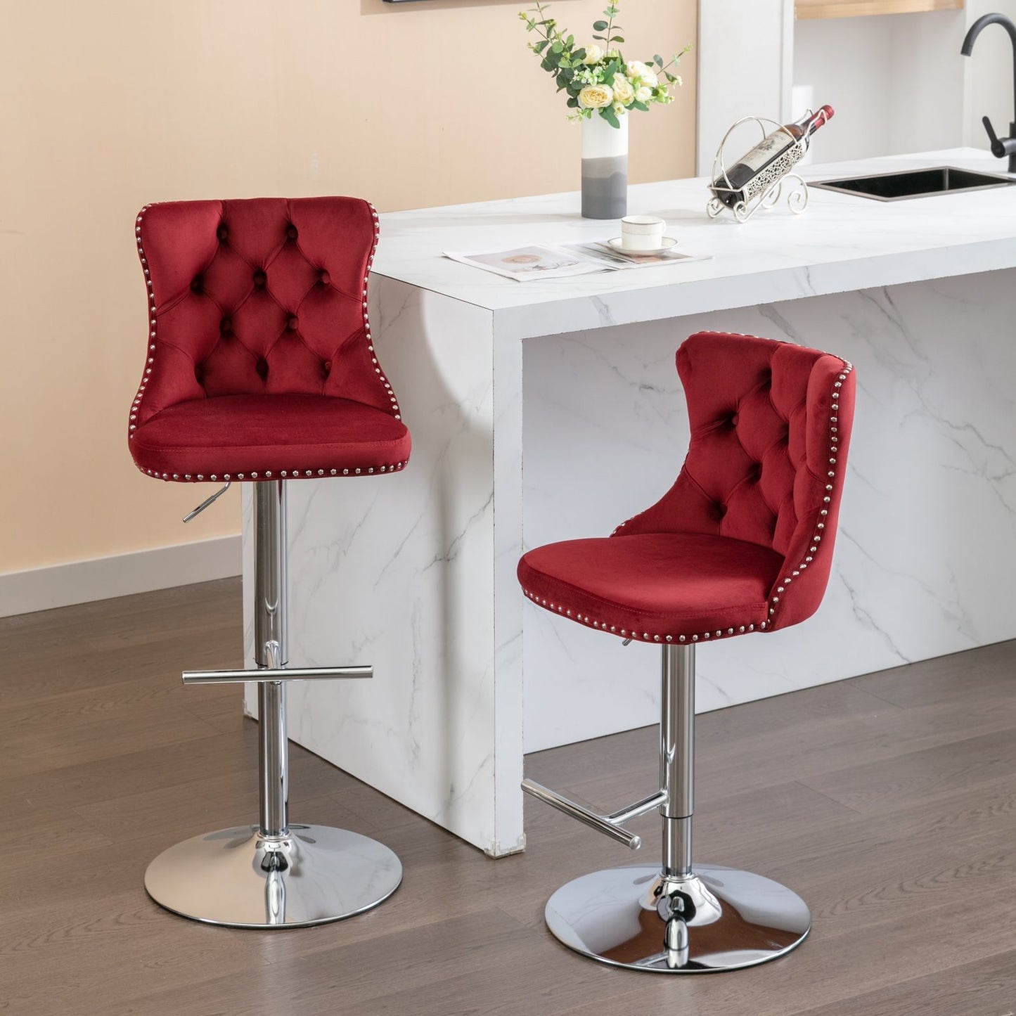 Swivel Barstools Adjusatble Seat Height From 25-33", Modern Upholstered Base Bar Stools With Backs Comfortable Tufted For Home Pub And Kitchen Island (Set of 2)