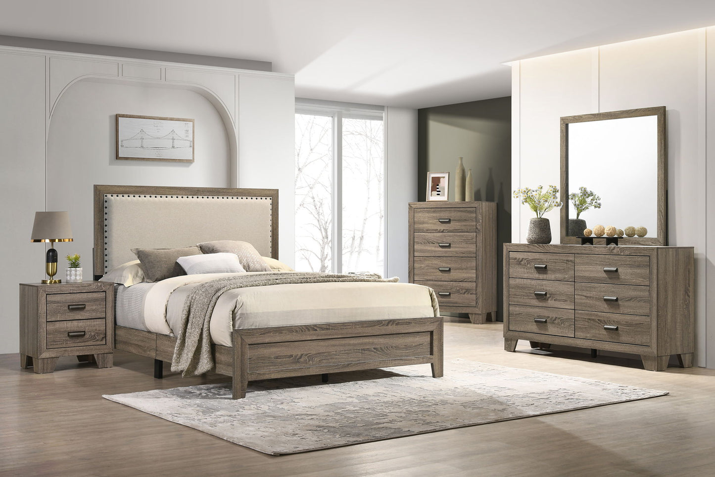 Millie - Queen 5 Piece Upholstered Bedroom Set - Warm Gray