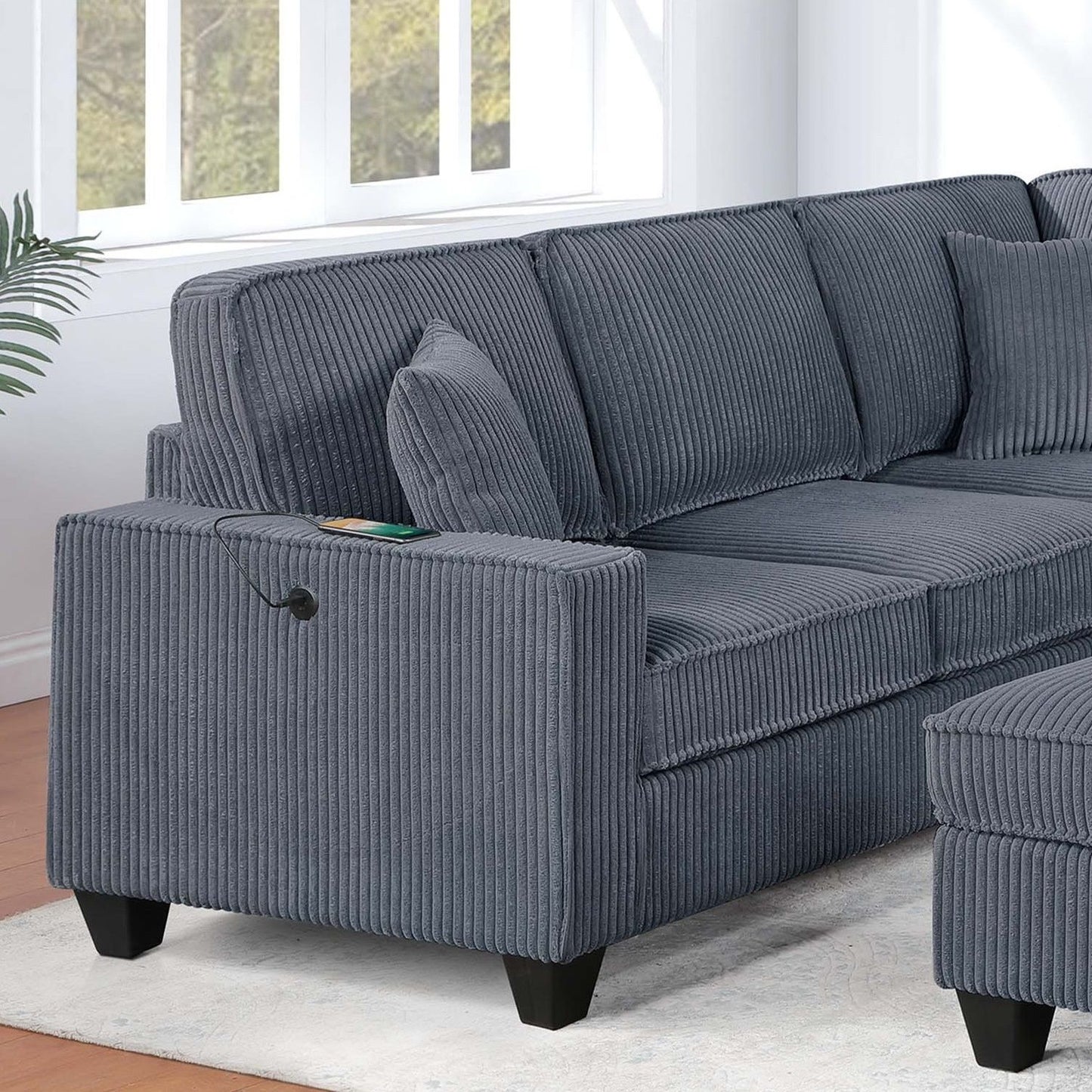 Left Arm Facing Loveseat With USB Port 5 Piece Sectional Set Corner Wedge Armless Chair Cocktail Ottoman Upholstered Living Room Furniture - Dark Gray