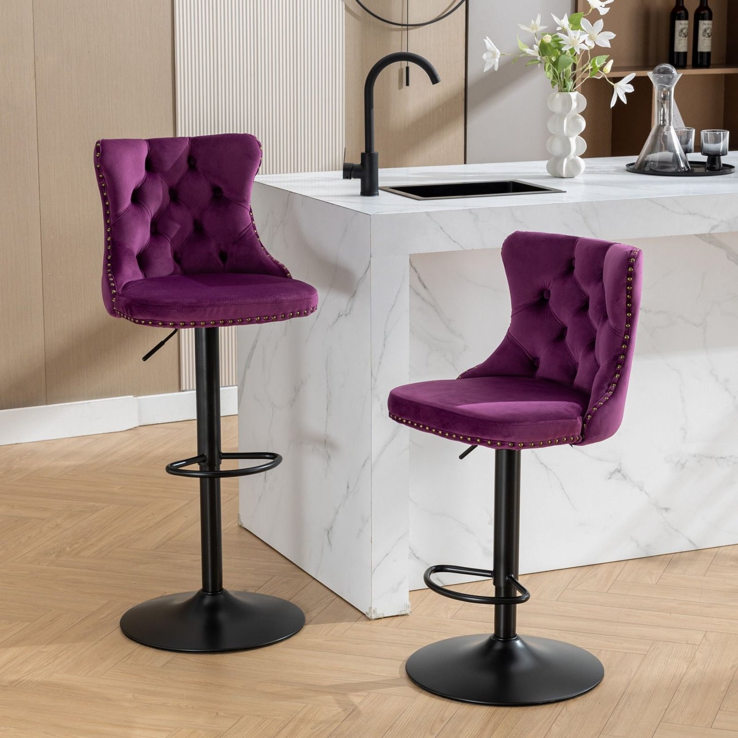 Swivel Barstools Adjusatble Seat Height, Modern Upholstered Bar Stools With Backs Comfortable Tufted For Home Pub And Kitchen Island (Set of 2)
