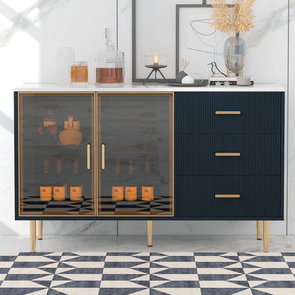 Modern Sideboard Buffet Cabinet Marble Sticker Tabletop And Amber- Tempered Glass Doors With Metal Legs & Handles
