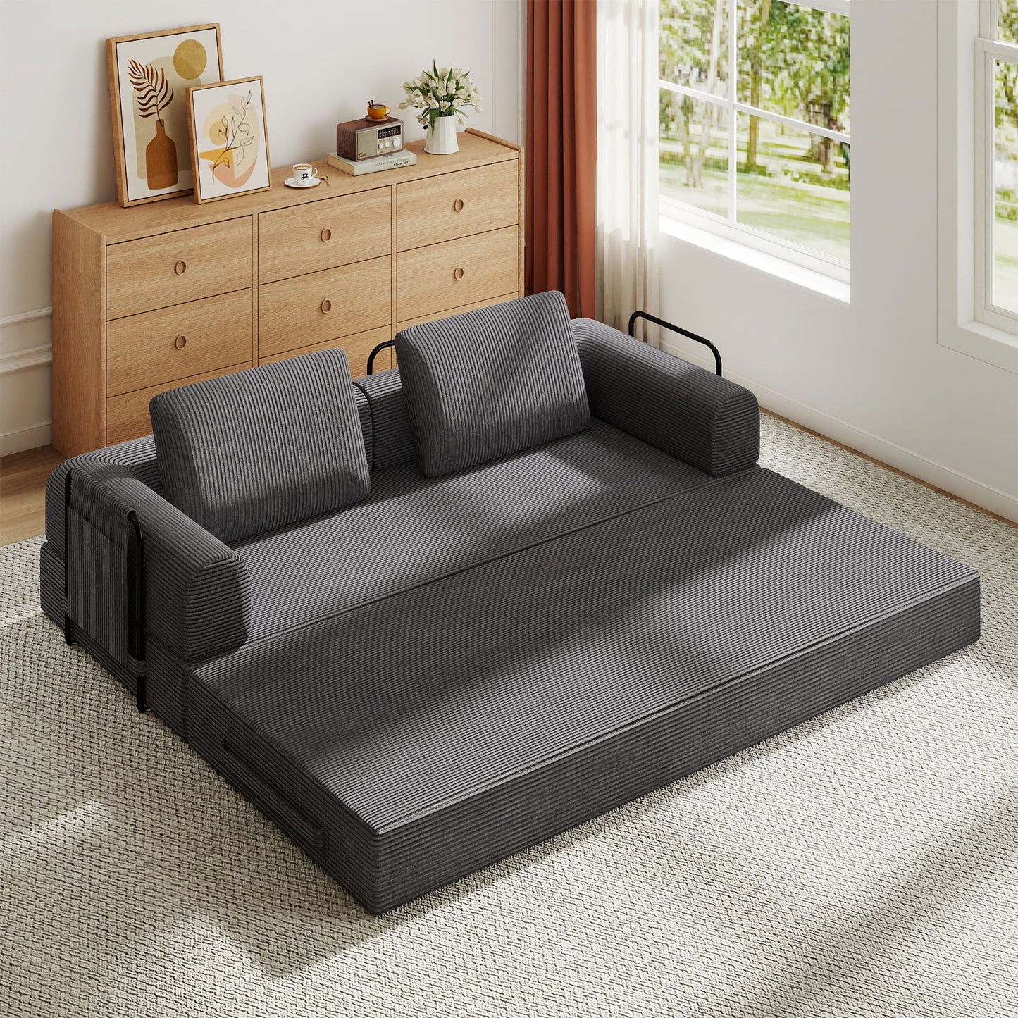 Convertible Sleeper Sofa Bed With Cylindrical Pillow, Fixed Shape Frame