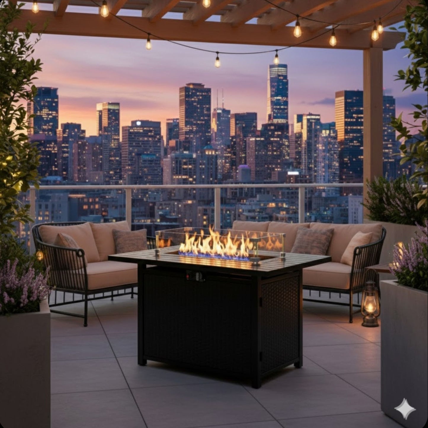 Outdoor 2 In 1 Propane Fire Pit Table With Lid & Glass Shield, Rectangular Fire Table, Lava Rock & Cover - Black