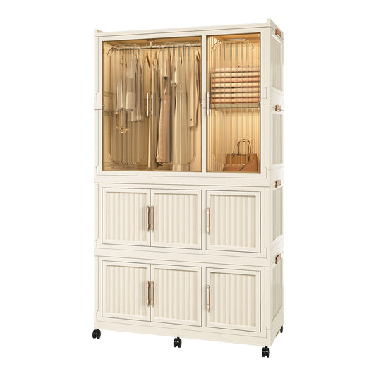 Portable Wardrobe Closet Storage Organizer With 9 Magnetic Doors - Cream White