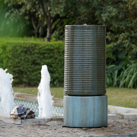 Large Modern Cylinder Ribbed Tower Water Fountain, Contemporary Outdoor Bird Bath