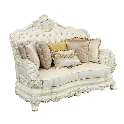 Adara - Loveseat With 5 Pillows - Pearl White Synthetic Leather & Antique White