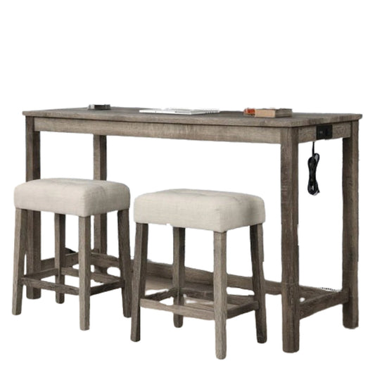 3 Piece Counter Bar Dining Set Table With Electric Outlet And 2 USB Ports, Tufted Upholstered Stools - Brown / Beige