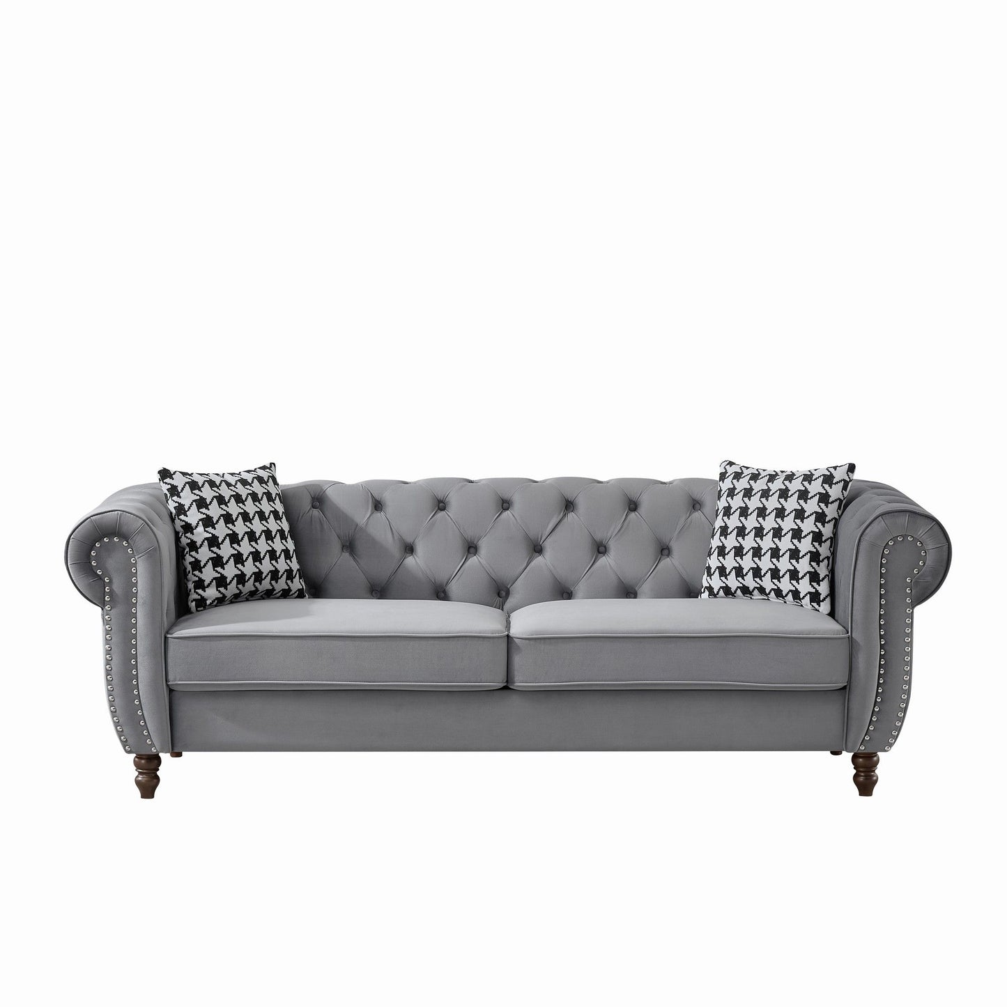 Chesterfield Upholstery Fabric Sofa With Roll Armrest & Nailhead