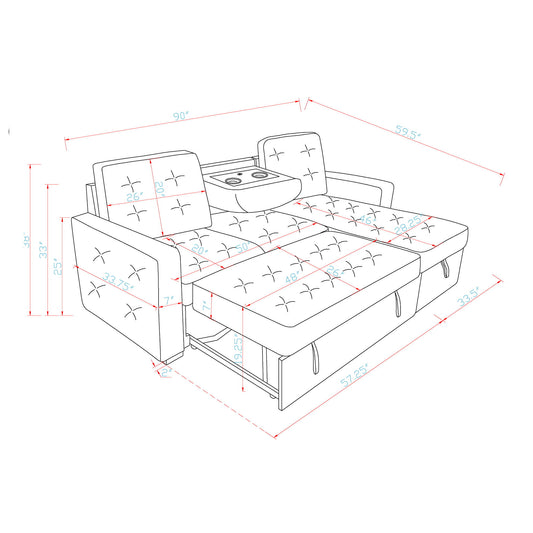 Gustavo - Sofa, Pull Out Bed, Storage Chaise, USB And Cup Holders - Beige