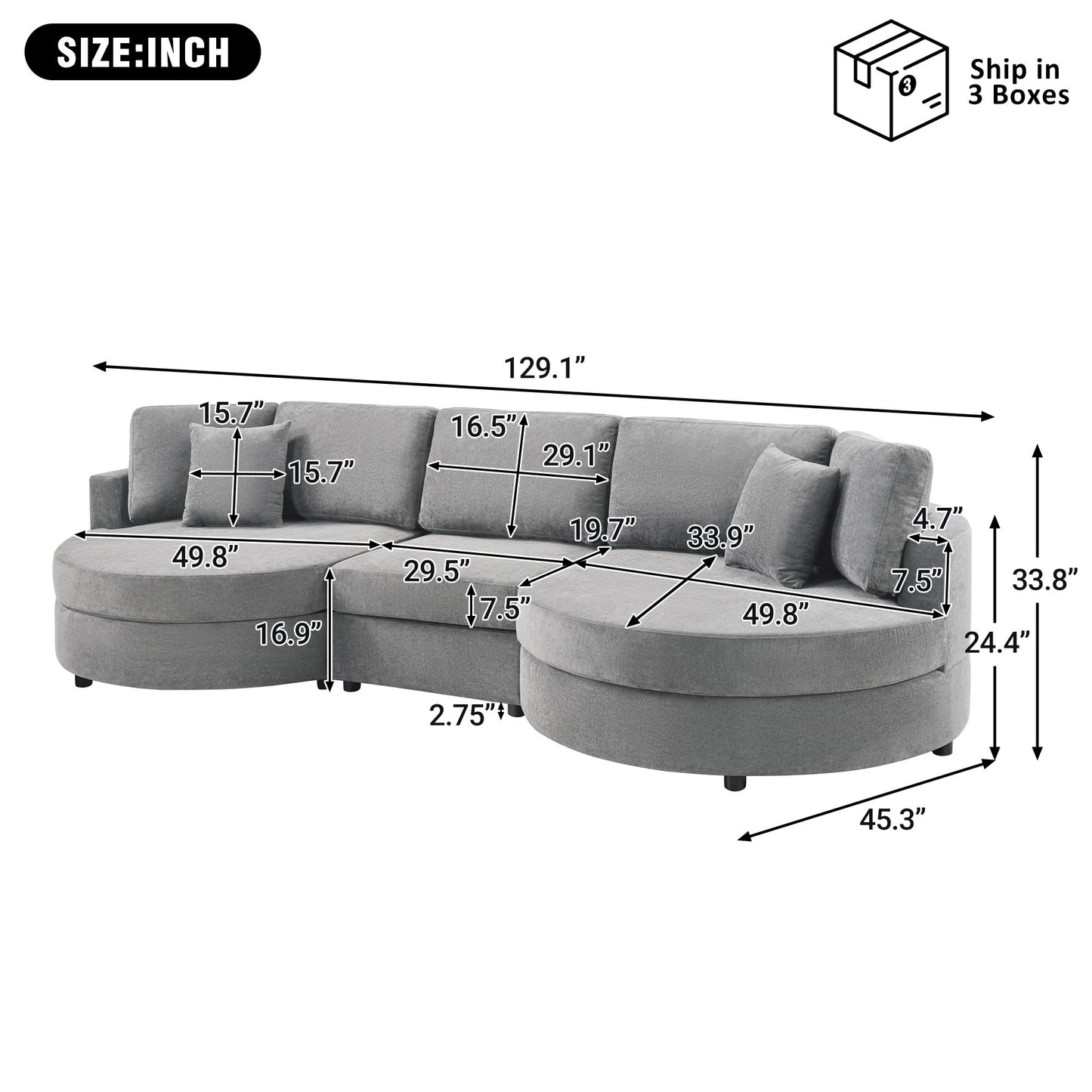 Modern 3 Seater Upholstered Sofa With Curved Design