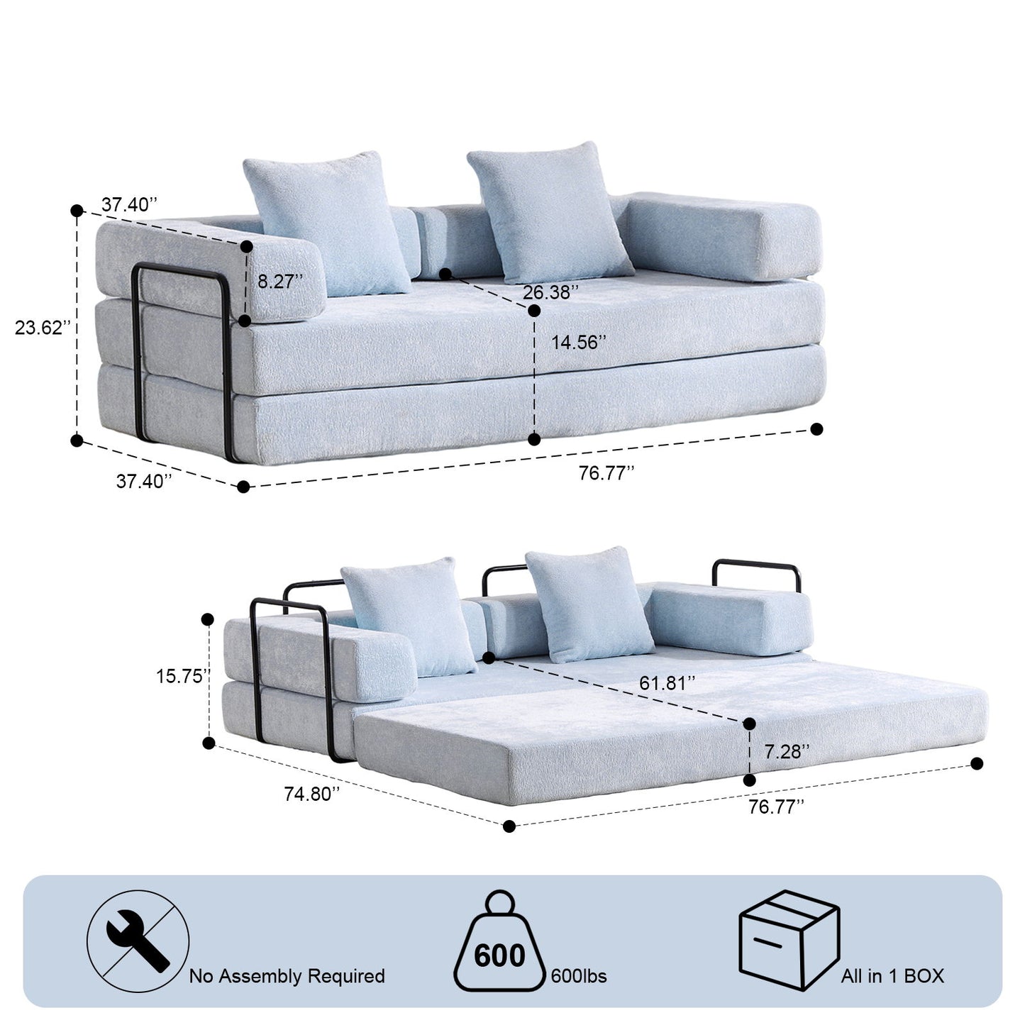 Convertible Floor Sofa Bed With Pillow Back Support Armrest