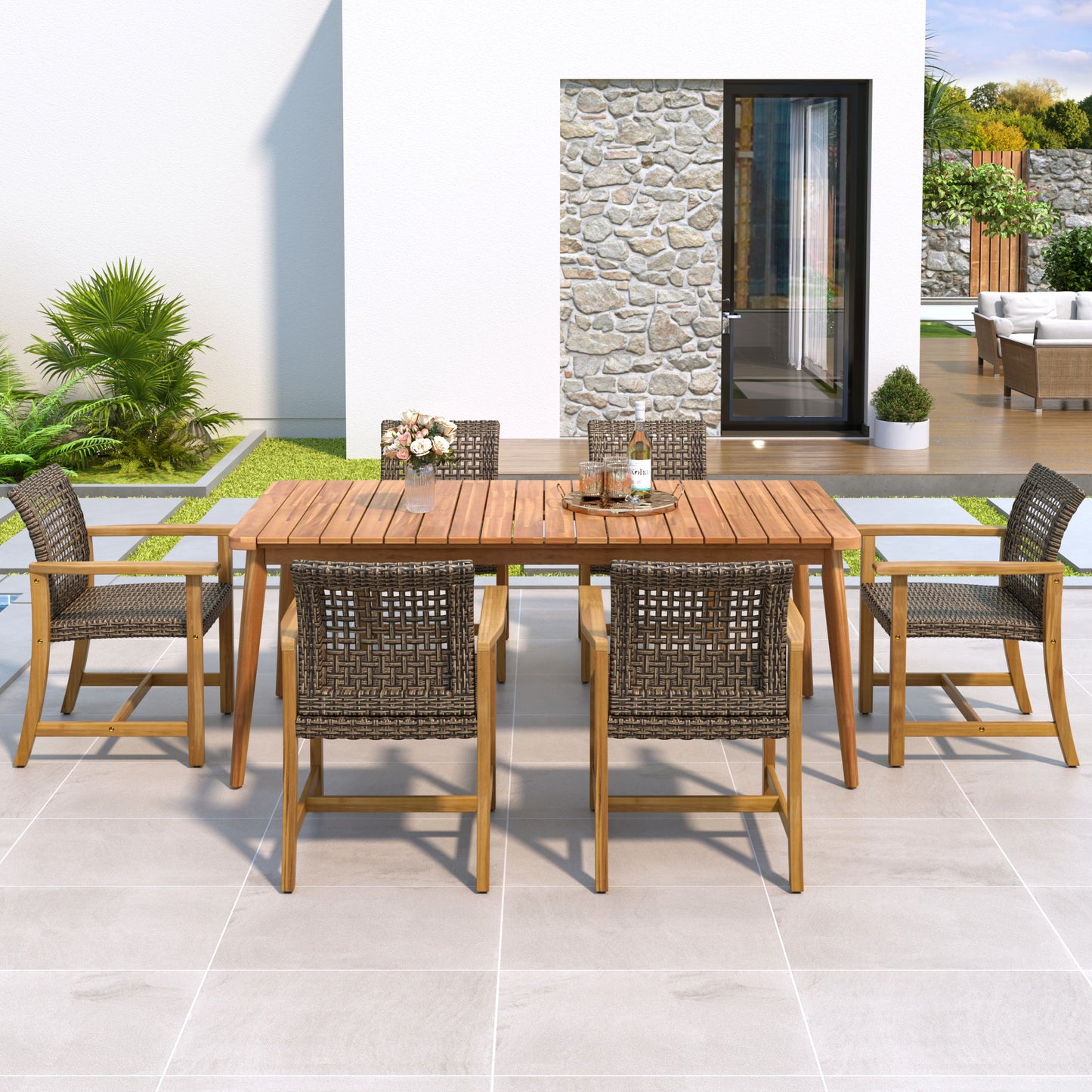 7 Piece Patio Dining Set, Slatted Table & 6 Chairs For Patio Garden - Mocha / Teak