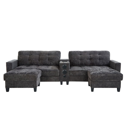 Modern Sectional Sofa U-Shaped With Movable Ottomans, tooth Speakers, LED Lights And Modular Storage
