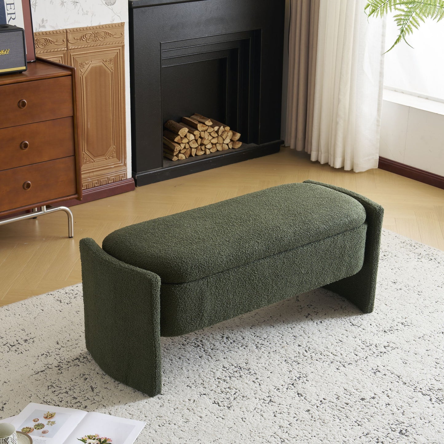 Elegant Long Shaped Storage Ottoman Bench, Boucle Material, Simple And Grand Design - Dark Green