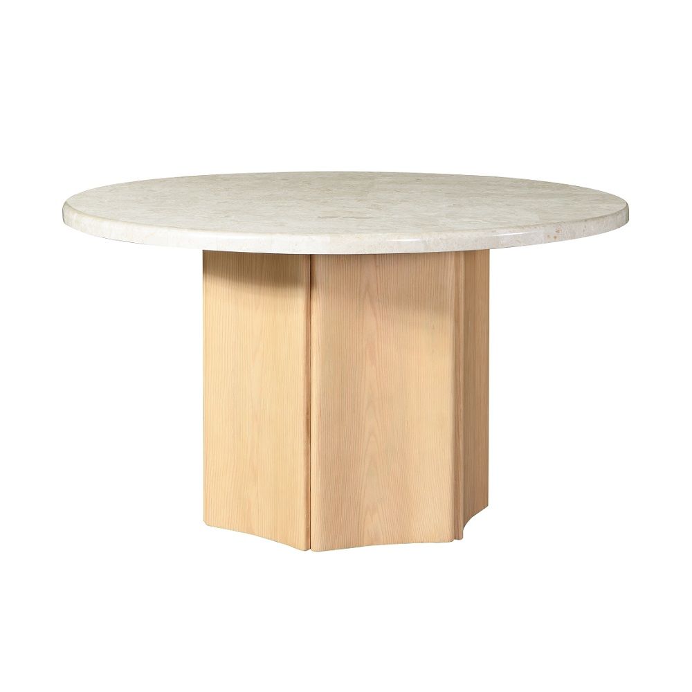 Qwin - Round Dining Table With Marble Top - Gray Fabric & Weathered Gray Oak