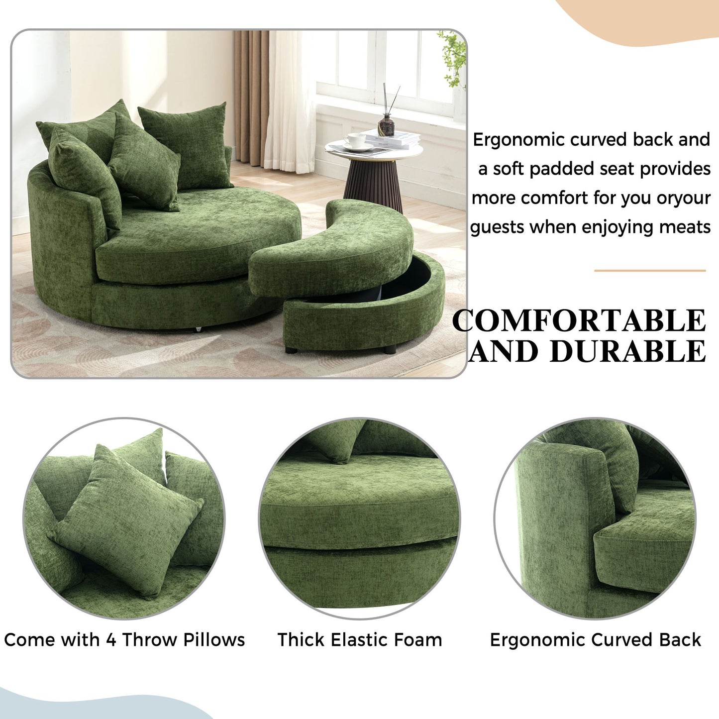 360° Swivel Accent Barrel Chair With Storage Ottoman & 4 Pillows, Modern Leisure Chair Round Accent For Living Room