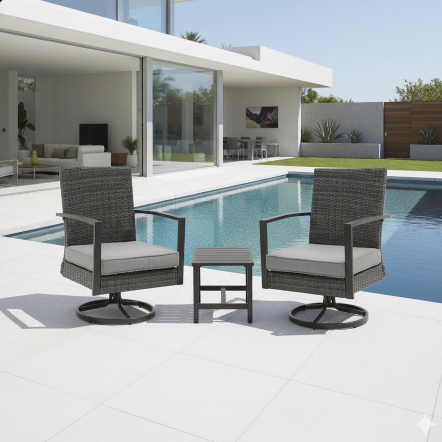 3 Piece Patio Furniture, Swivel Rocker Bistro Set With Side Table & Cushions For Porch - Gray