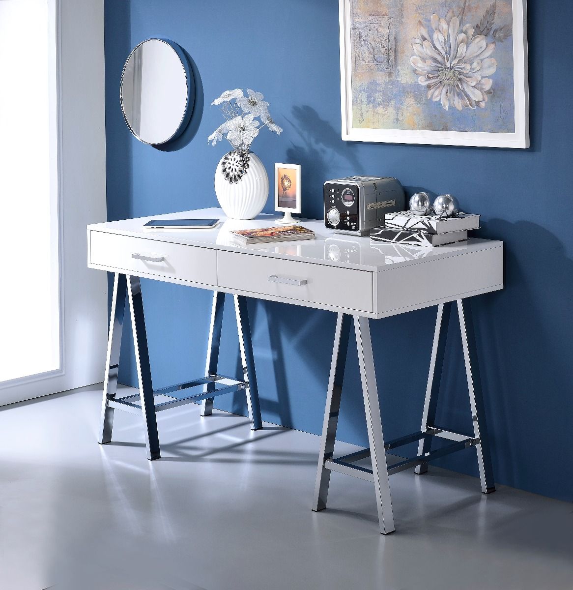 Coleen - Writing Desk With USB - White High Gloss & Chrome