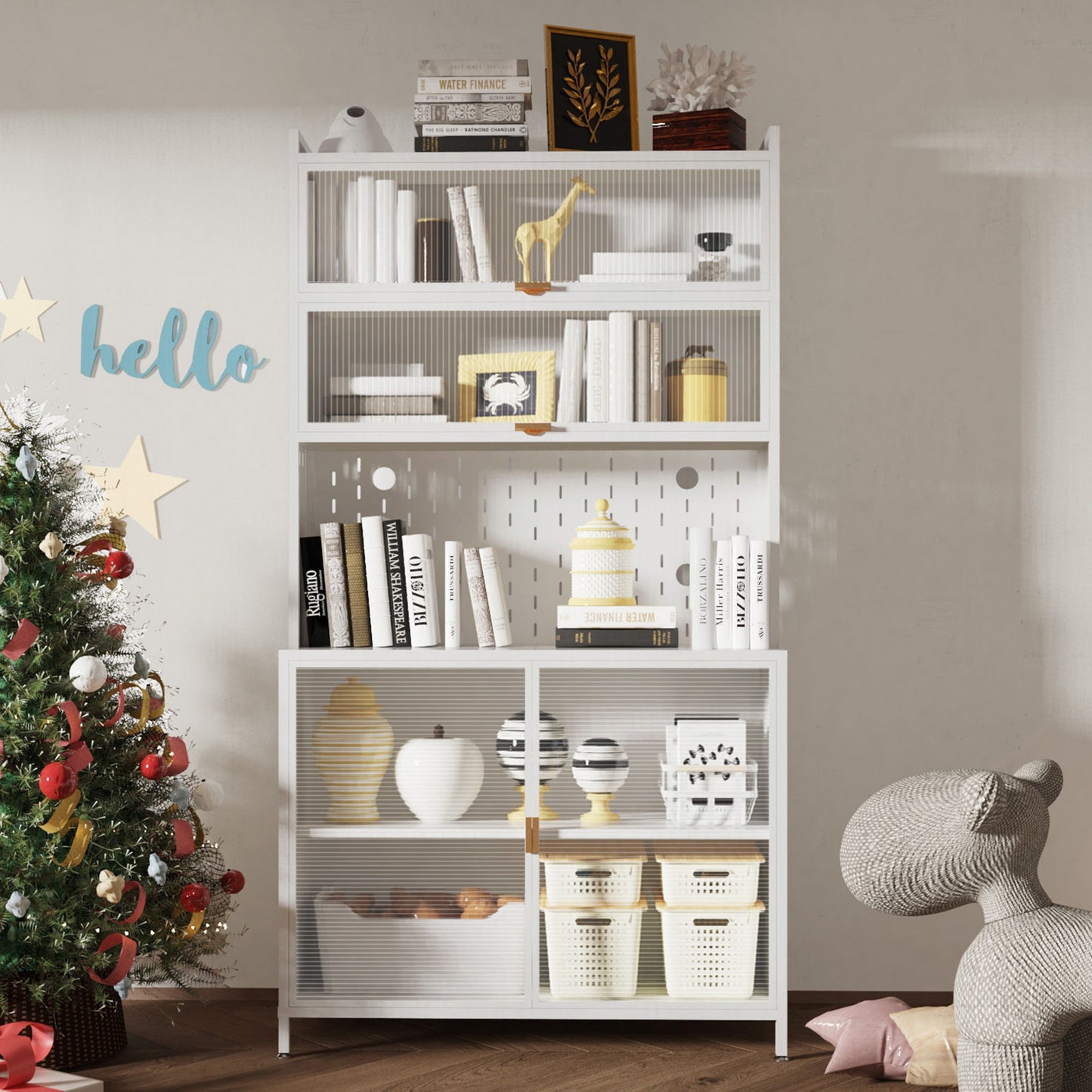 Tall Kitchen Pantry Cabinet With Flip Doors And Pegboard, Anti Tip Steel Storage Hutch