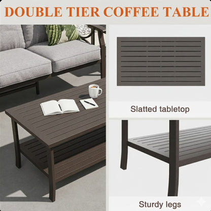 Rectangular Outdoor Coffee Table, 2 Tier All Weather Patio Table - Brown
