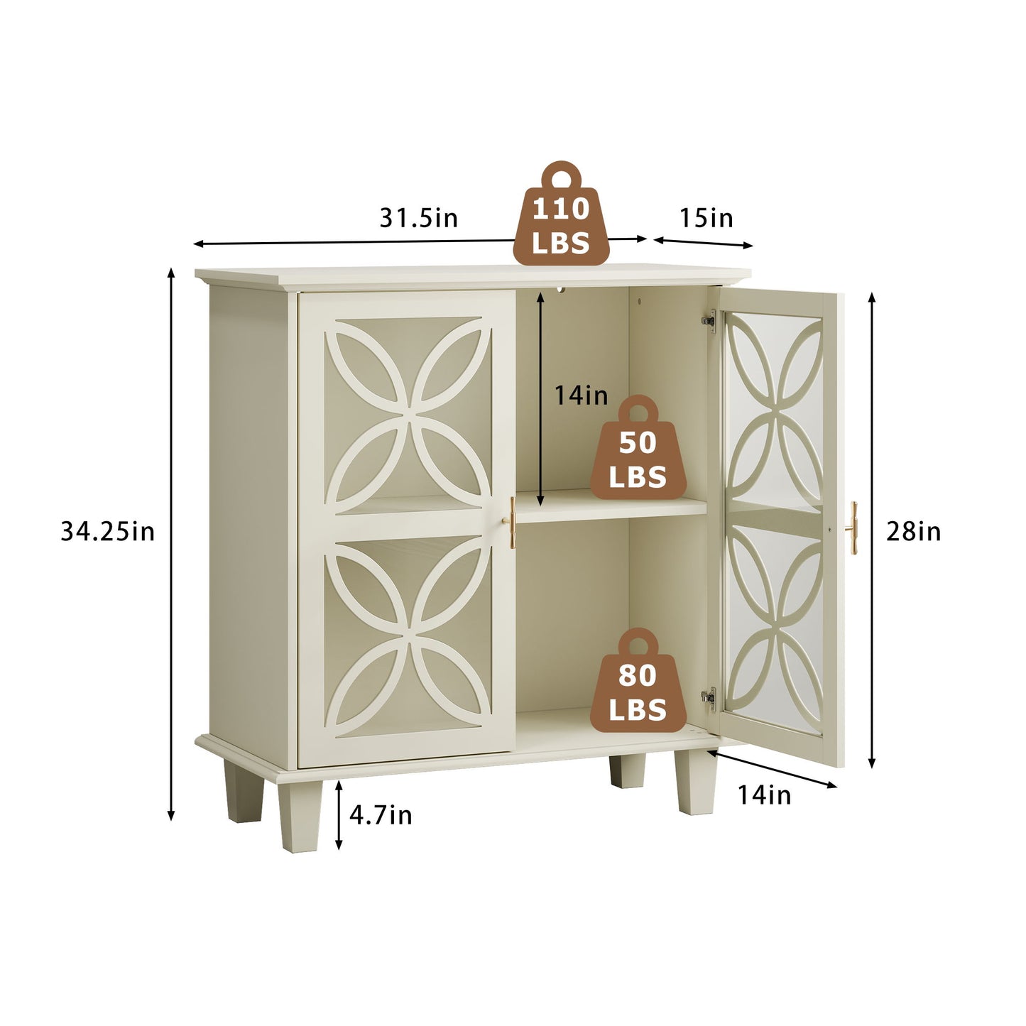 Modern Retro Sideboard Buffet Storage Cabinet With Adjustable Shelves And Tempered Glass Doors - Cream Color