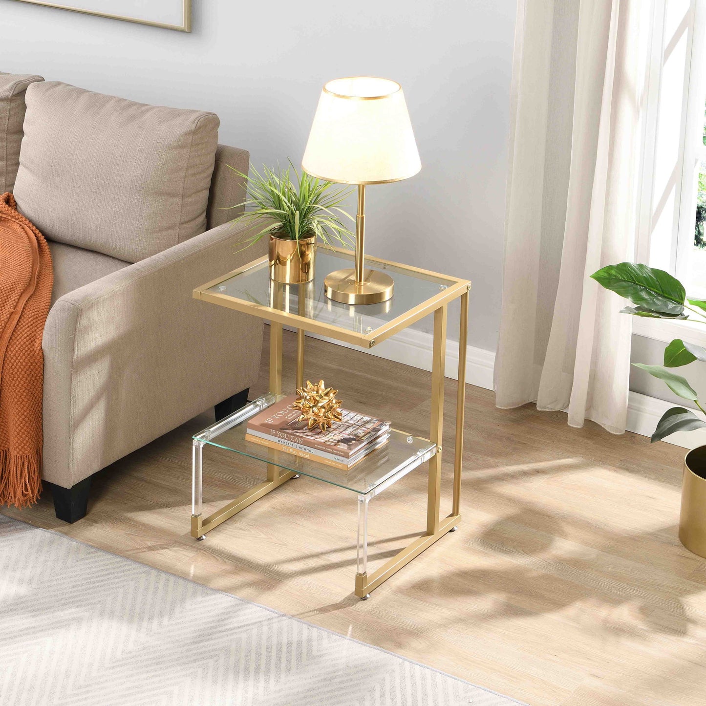2 Tier Acrylic Glass End Table For Living Room